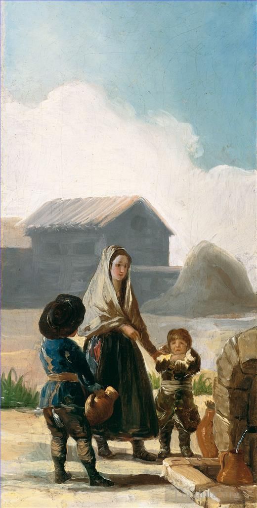 Francisco Goya Oil Painting - A woman and two children by a fountain