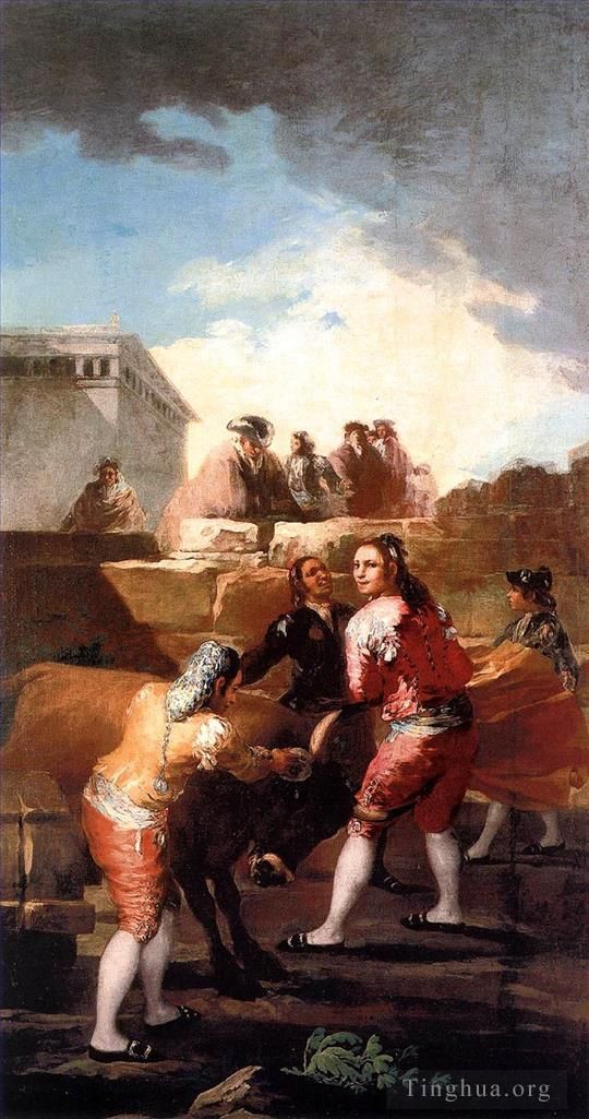 Francisco Goya Oil Painting - Fight with a young bull