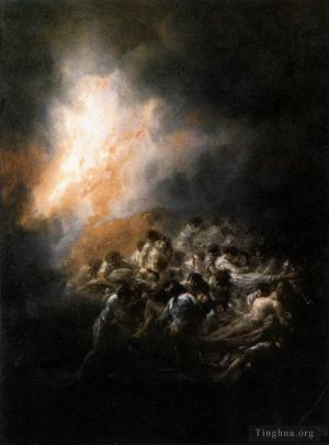 Antique Oil Painting - Fire at Night