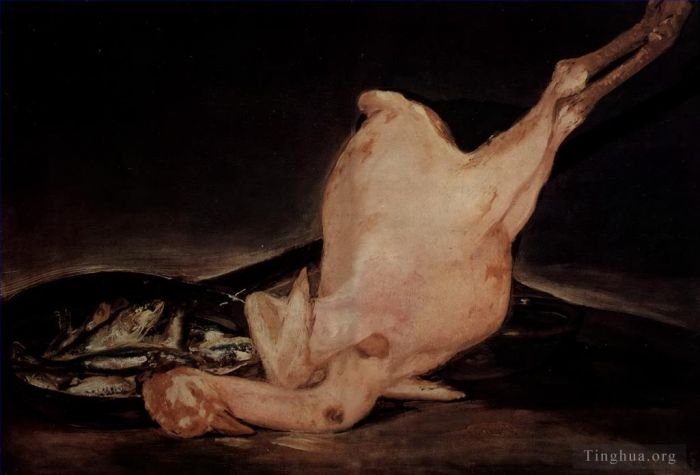 Francisco Goya Oil Painting - Still life plucked turkey and pan with fish