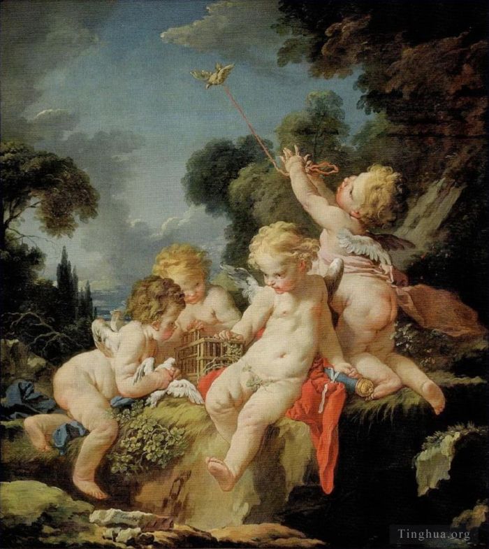 Francois Boucher Oil Painting - Putti with Birds
