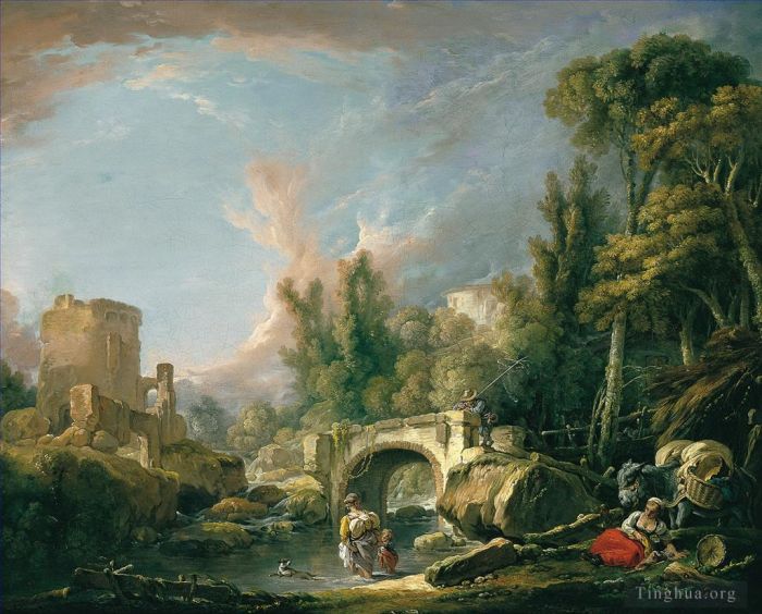 Francois Boucher Oil Painting - River Landscape with Ruin and Bridge