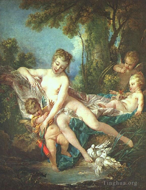 Francois Boucher Oil Painting - Venus Consoling Love (The Bath of Venus)