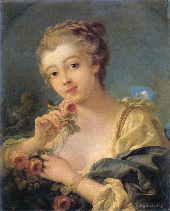 Francois Boucher Oil Painting - Young Woman with a Bouquet of Roses Francois Boucher
