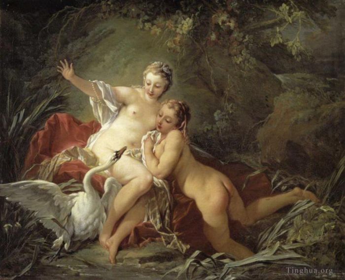 Francois Boucher Oil Painting - Swan and nudes