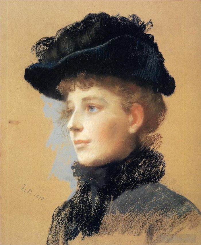 Frank Duveneck Oil Painting - Portrait of a Woman with Black Hat