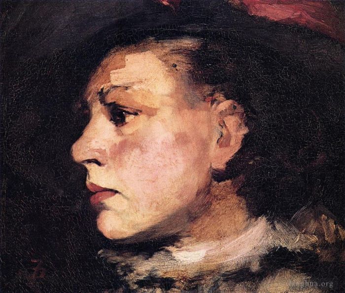 Frank Duveneck Oil Painting - Profile of Girl with Hat