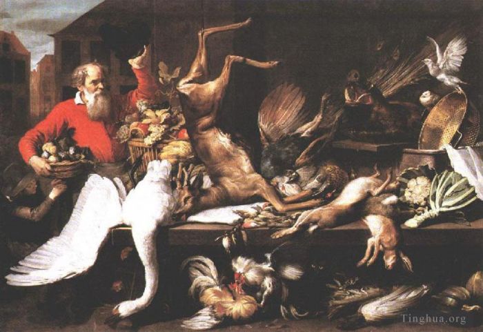 Frans Snyders Oil Painting - Still Life With Dead Game Fruits And Vegetables In A market