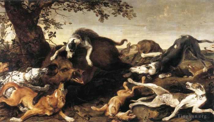 Frans Snyders Oil Painting - Wild Boar Hunt dog