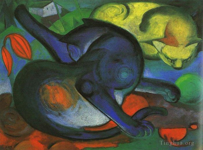 Franz Marc Oil Painting - Two Cats blue and yellow