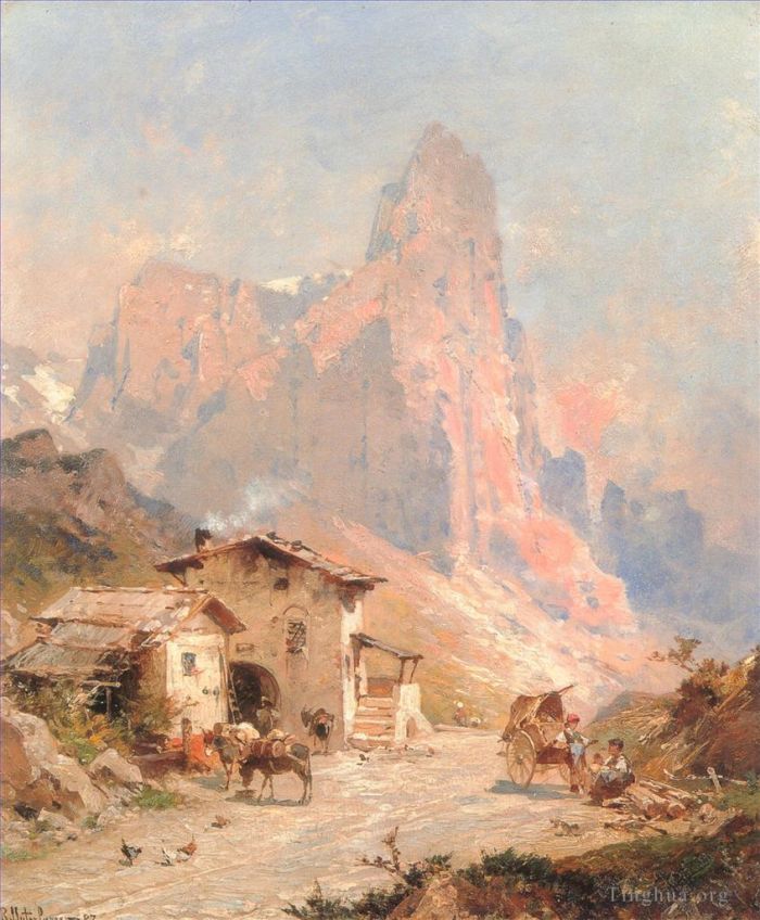 Franz Richard Unterberger Oil Painting - Figures in A Village in the Dolomites