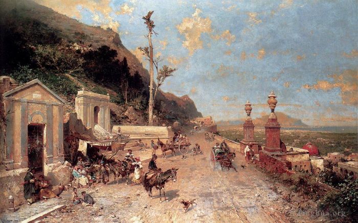 Franz Richard Unterberger Oil Painting - La Strada Monreale Palermo