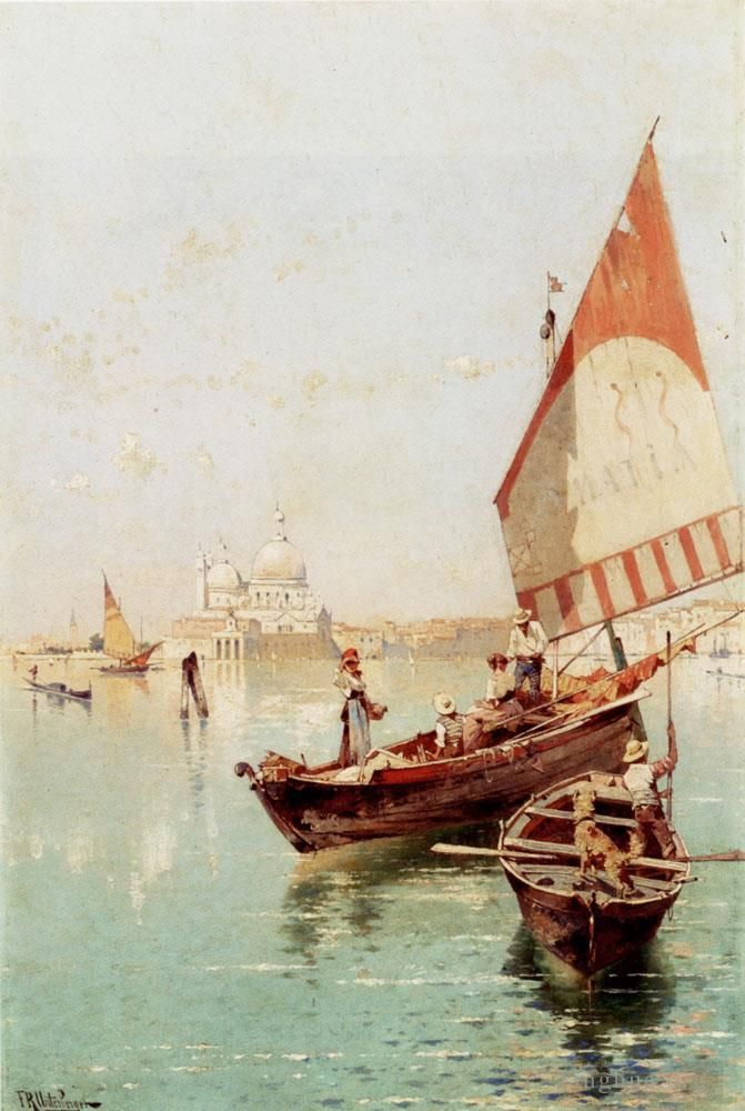 Franz Richard Unterberger Oil Painting - Sailboat In A Venetian Lagoon