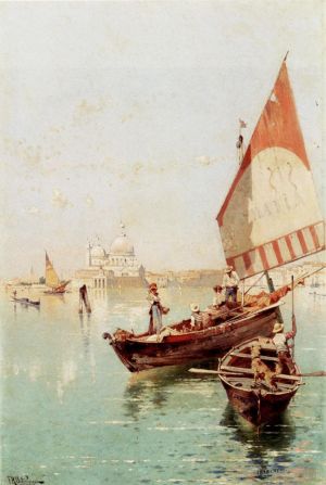 Artist Franz Richard Unterberger's Work - Sailboat In A Venetian Lagoon