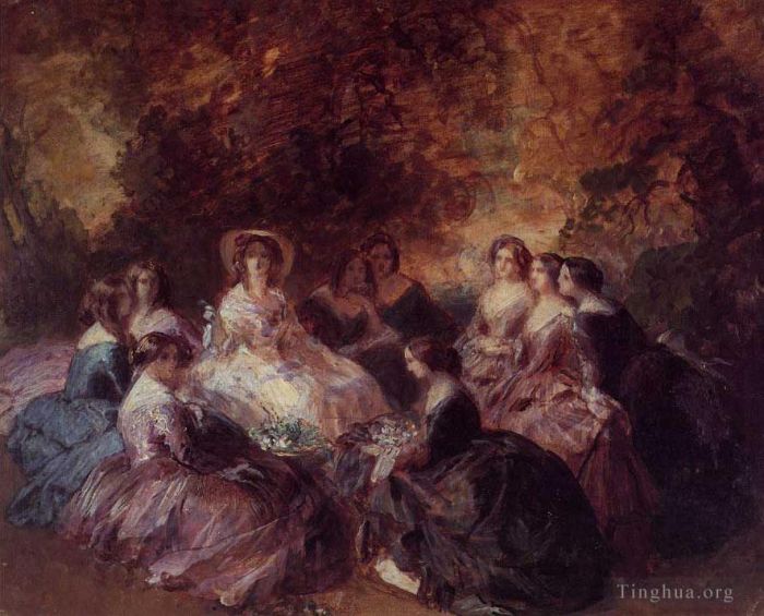 Franz Xaver Winterhalter Oil Painting - The Empress Eugenie Surrounded by her Ladies in Waiting 1855