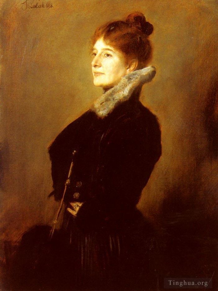Franz von Lenbach Oil Painting - Portrait Of A Lady Wearing A Black Coat With Fur Collar