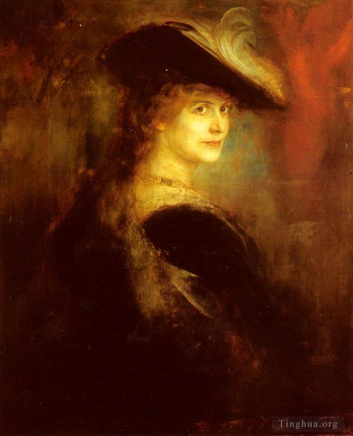 Franz von Lenbach Oil Painting - Portrait Of An Elegant Lady In Rubenesque Costume