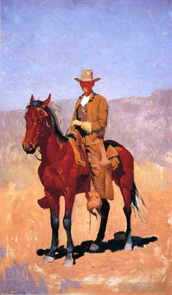 Frederic Remington Oil Painting - Mounted Cowboy in Chaps with Race Horse