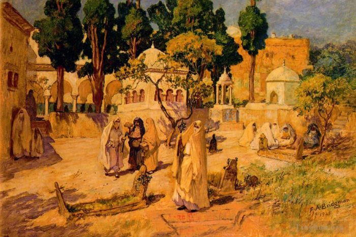 Frederick Arthur Bridgman Oil Painting - Arab Women at the Town Wall