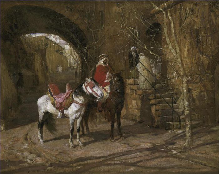 Frederick Arthur Bridgman Oil Painting - HORSEMAN IN A COURTYARD