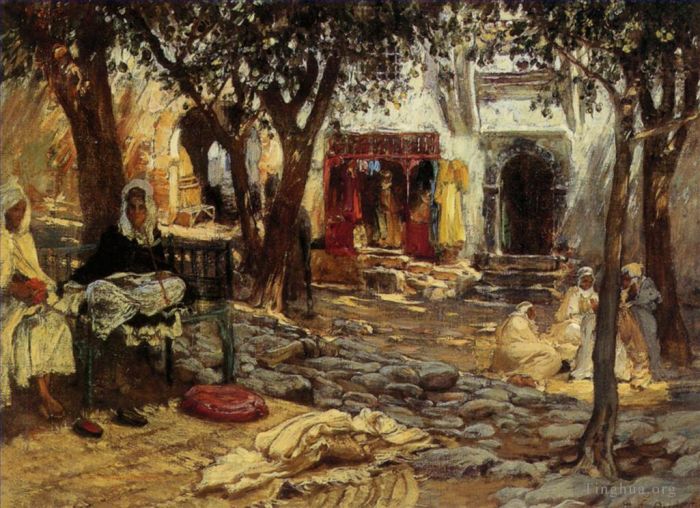 Frederick Arthur Bridgman Oil Painting - Idle Moments An Arab Courtyard detail