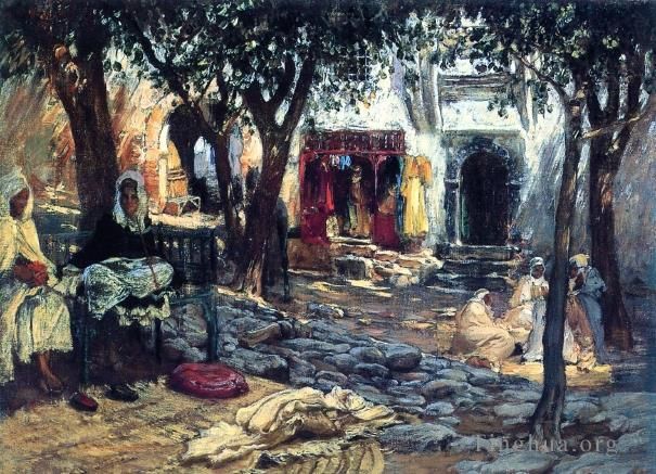 Frederick Arthur Bridgman Oil Painting - Idle Moments An Arab Courtyard