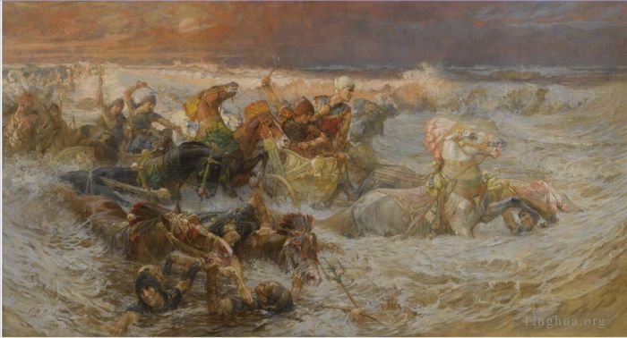 Frederick Arthur Bridgman Oil Painting - Pharaoh Army Engulfed By The Red Sea detail