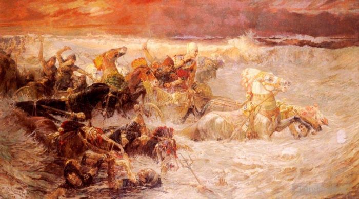 Frederick Arthur Bridgman Oil Painting - PHARAOH AND HIS ARMY ENGULFED BY THE RED SEA