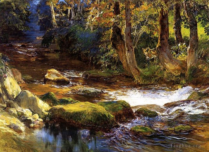 Frederick Arthur Bridgman Oil Painting - River Landscape with Deer