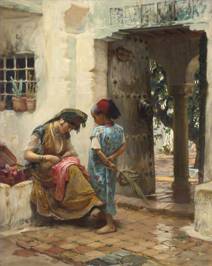 Frederick Arthur Bridgman Oil Painting - THE SEWING LESSON