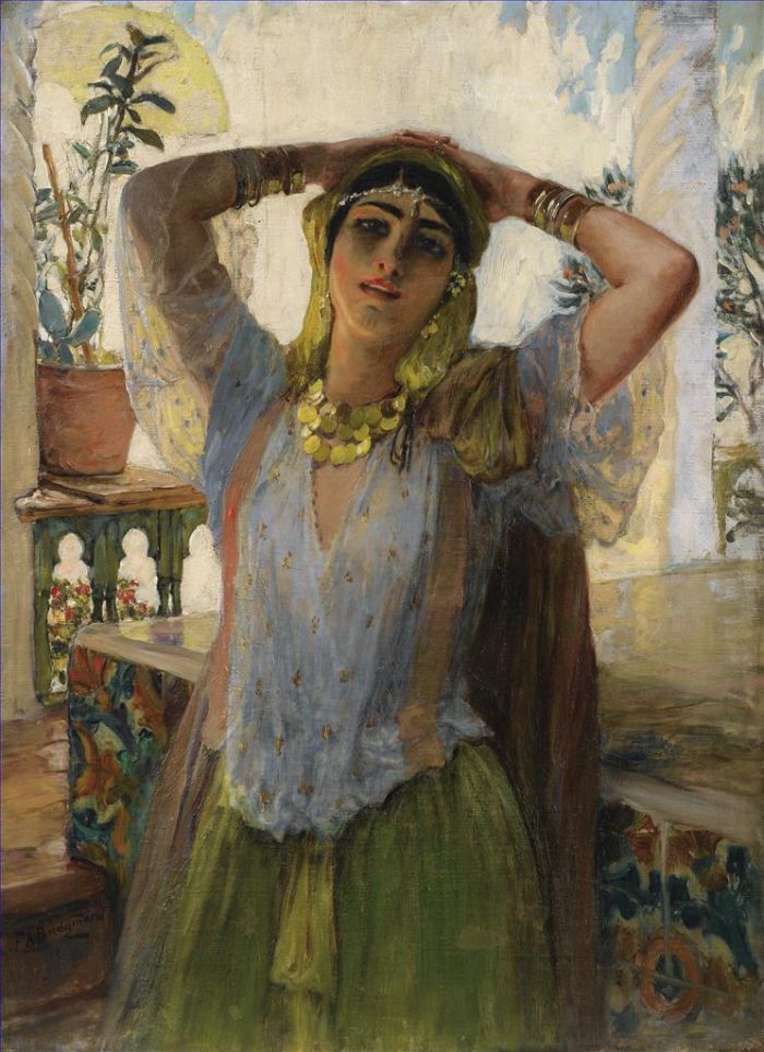 Frederick Arthur Bridgman Oil Painting - YOUNG ORIENTAL WOMAN ON A TERRACE