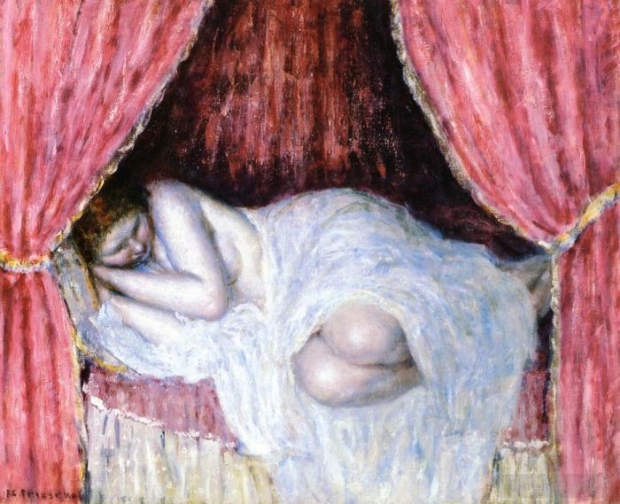 Frederick Carl Frieseke Oil Painting - Nude Behind Red Curtains