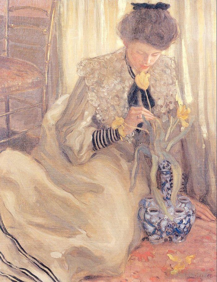 Frederick Carl Frieseke Oil Painting - The Yellow Tulip
