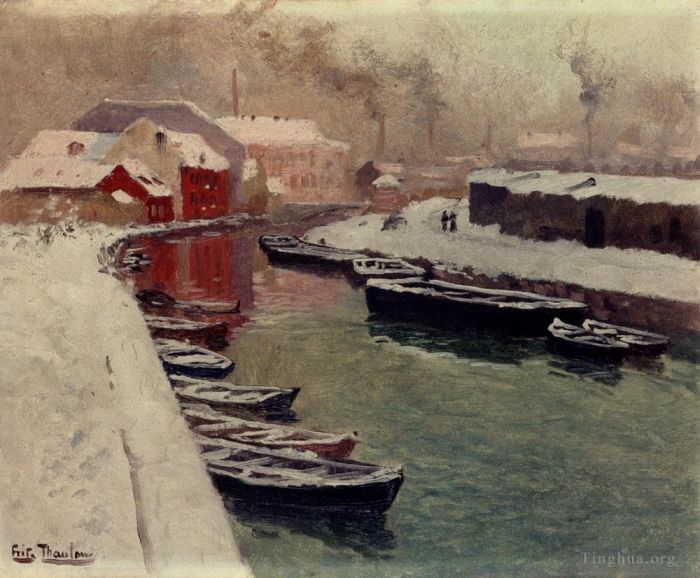 Frits Thaulow Oil Painting - A Snowy Harbo