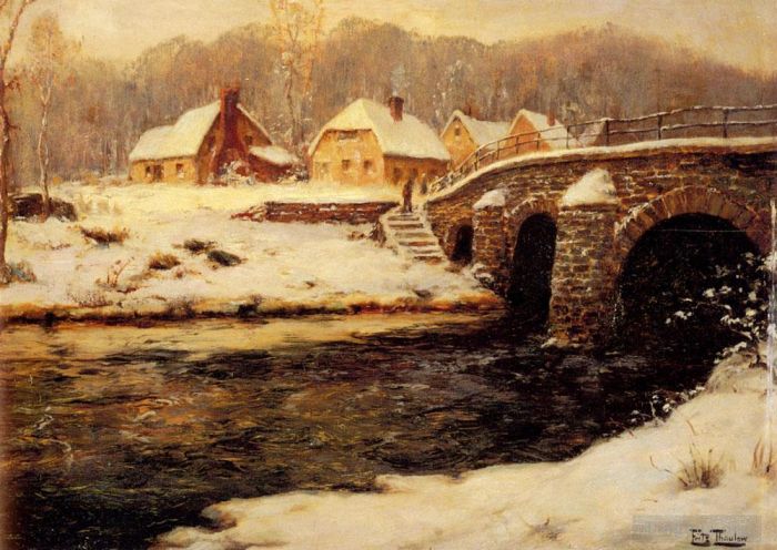 Frits Thaulow Oil Painting - A Stone Bridge Over A Stream In Water
