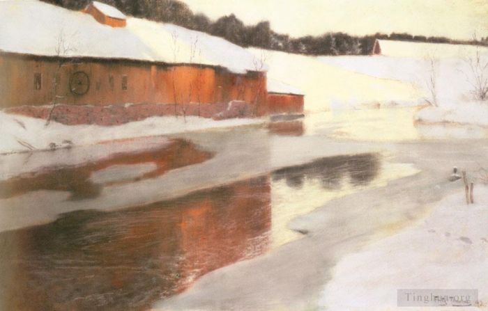 Frits Thaulow Oil Painting - A factory Building Near An Icy River In Winter