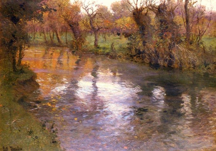 Frits Thaulow Oil Painting - An Orchard On The Banks Of A River
