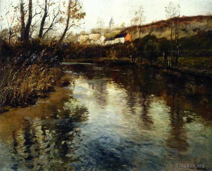 Frits Thaulow Oil Painting - Elvelandskap River Landscape