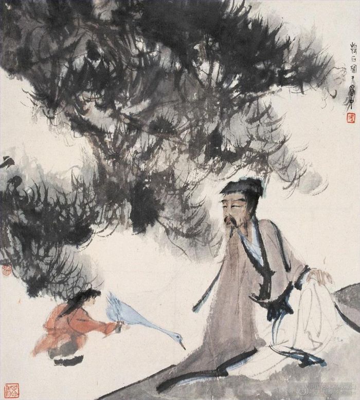 Fu Baoshi Chinese Painting - 5 man and goose