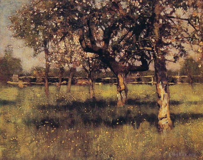 George Clausen Oil Painting - An orchard in May 