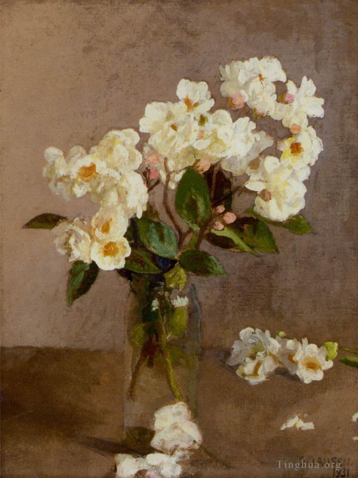 George Clausen Oil Painting - Little White Roses