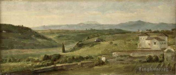 George Frederic Watts Oil Painting - Panoramic Landscape with a Farmhouse