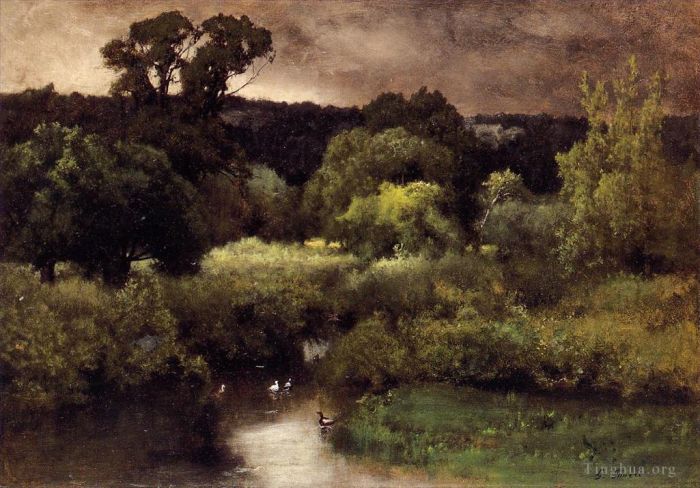 George Inness Oil Painting - A Gray Lowery Day