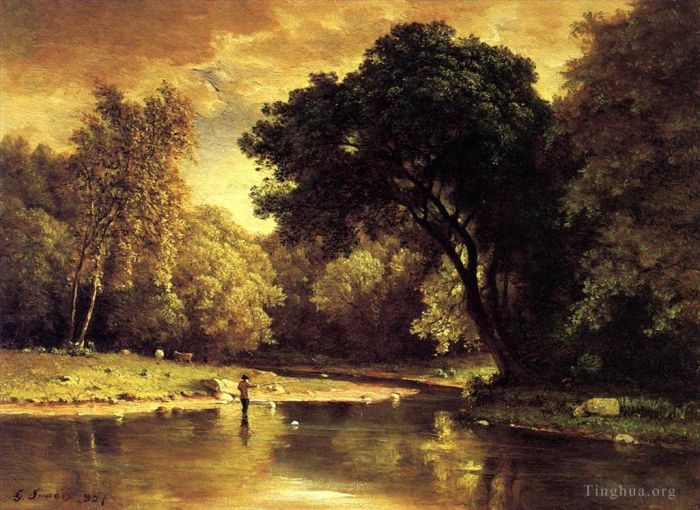 George Inness Oil Painting - Fisherman in a Stream