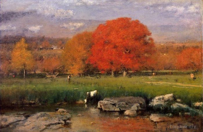 George Inness Oil Painting - Morning Catskill Valley aka The Red Oaks