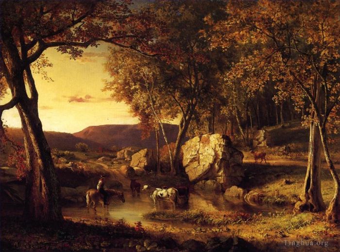 George Inness Oil Painting - Summer Days Cattle Drinking Late Summer Early Autumn