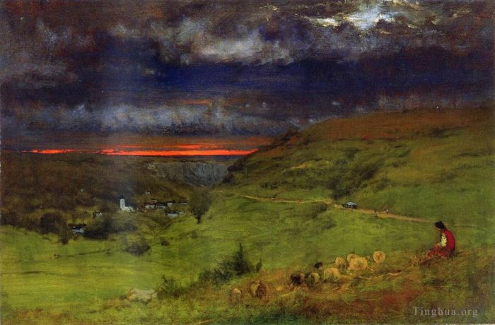 George Inness Oil Painting - Sunset at Etretat