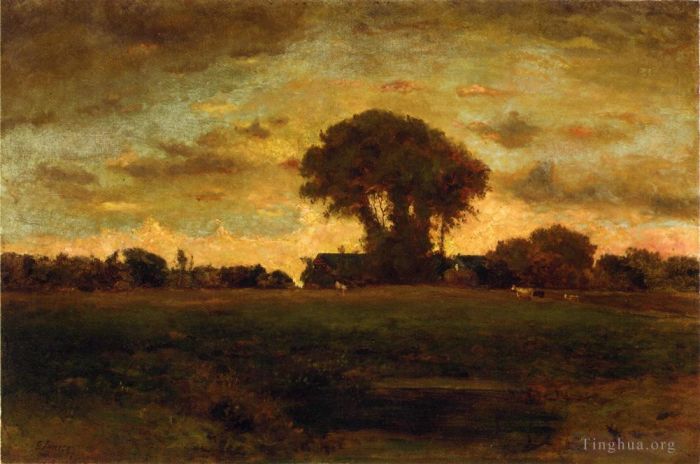 George Inness Oil Painting - Sunset on a Meadow