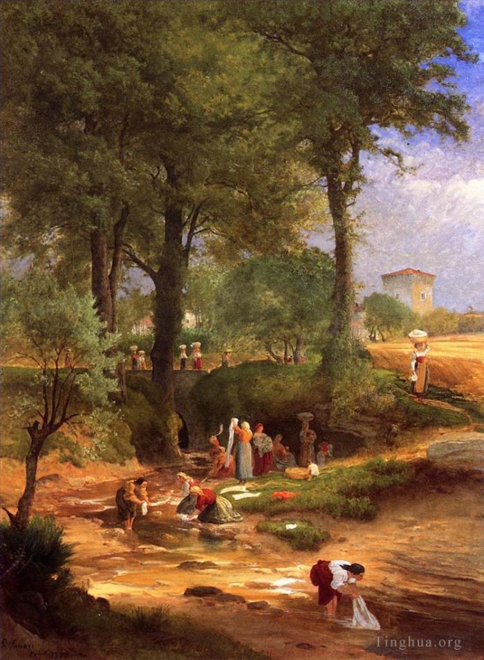 George Inness Oil Painting - Washing Day near Perugia aka Italian Washerwomen
