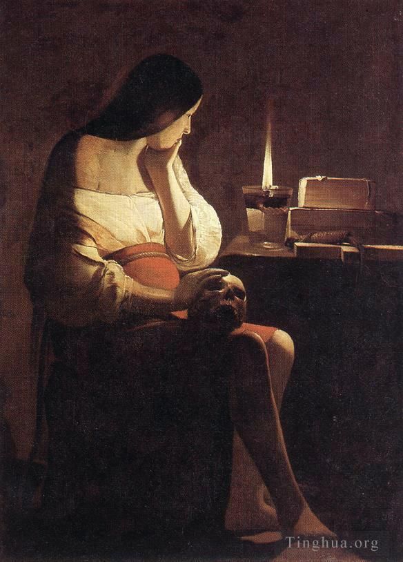 Georges de La Tour Oil Painting - Magdalene with the Smoking Flame (Magdalen of Night Light)